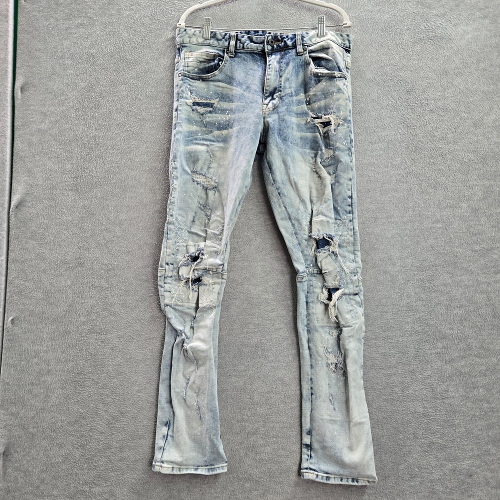 Smoke Rise Men Jeans 36x32 Denim Slim Straight Distressed Paint Splatter Light